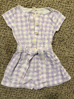 Crewcuts Lavender Gingham Tied Waist Button Front Knit Romper